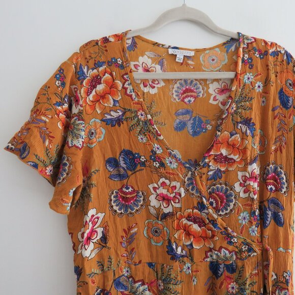 PATRONS OF PEACE Floral Crepe Faux Wrap Maxi Dress in Burnt Orange Boho Size L - Picture 3 of 16